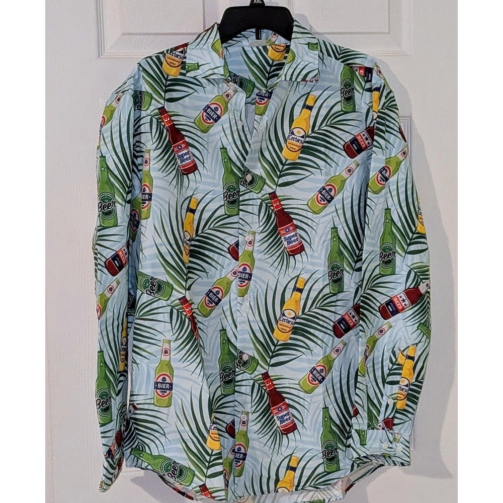 Spirit XL Beer Tropical Print Button Up‎ Shirt Hawaiian Party Aloha NWOT